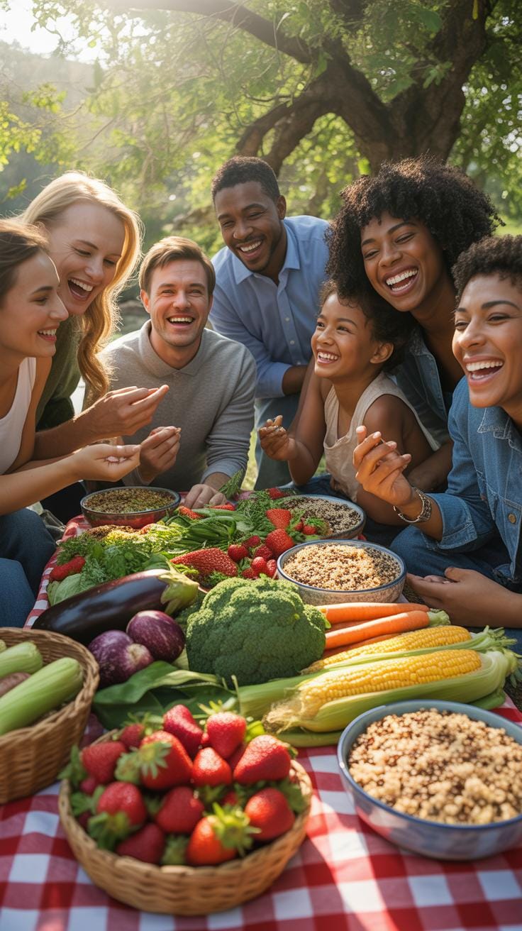 A diverse group of seven smiling friends, men and women of various ethnicities, are gathered around a picnic blanket laden with fresh fruits, vegetabl