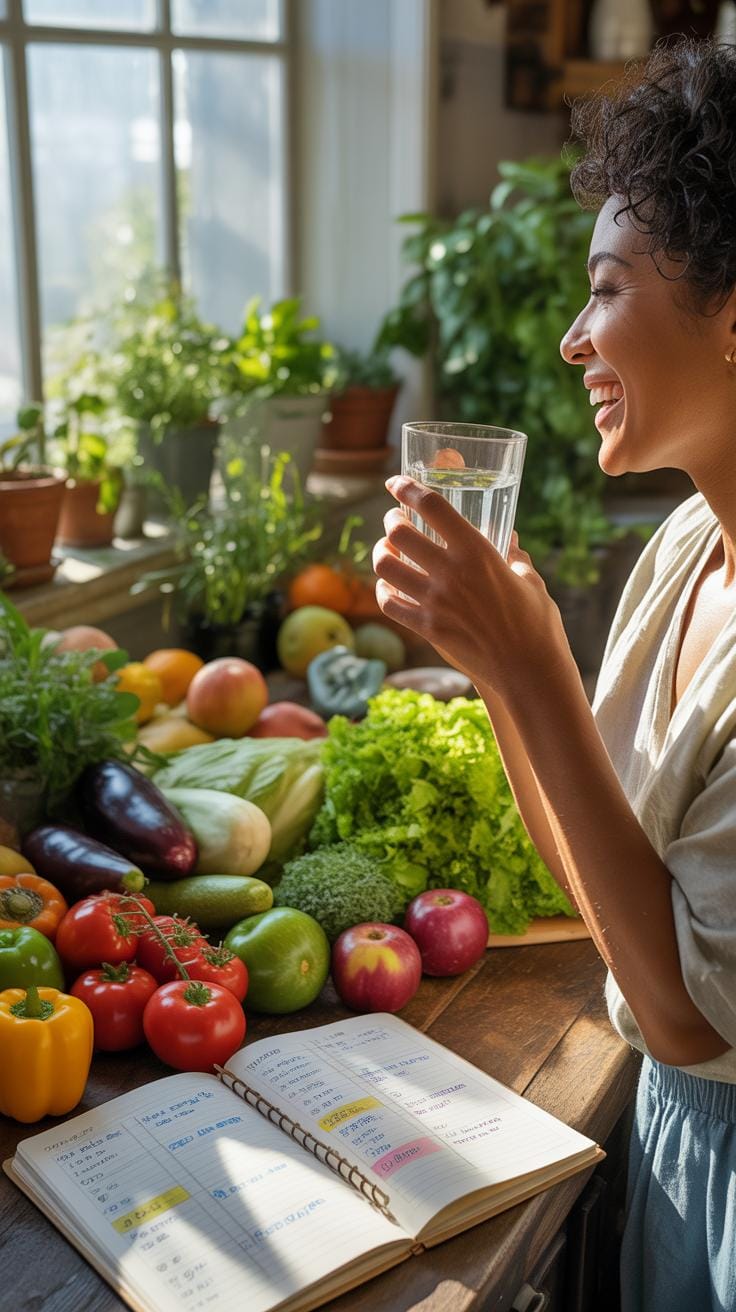 A smiling young Black woman in a kitchen holds a glass of water, surrounded by an abundance of fresh fruits, vegetables, and leafy green plants, with