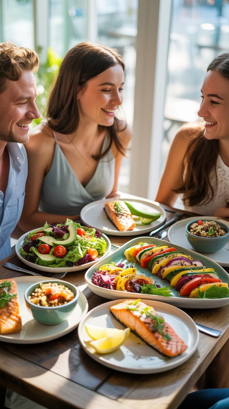 Three casually dressed young adults are seated around a wooden table laden with multiple plates of healthy, colorful food, including salmon, salads, a