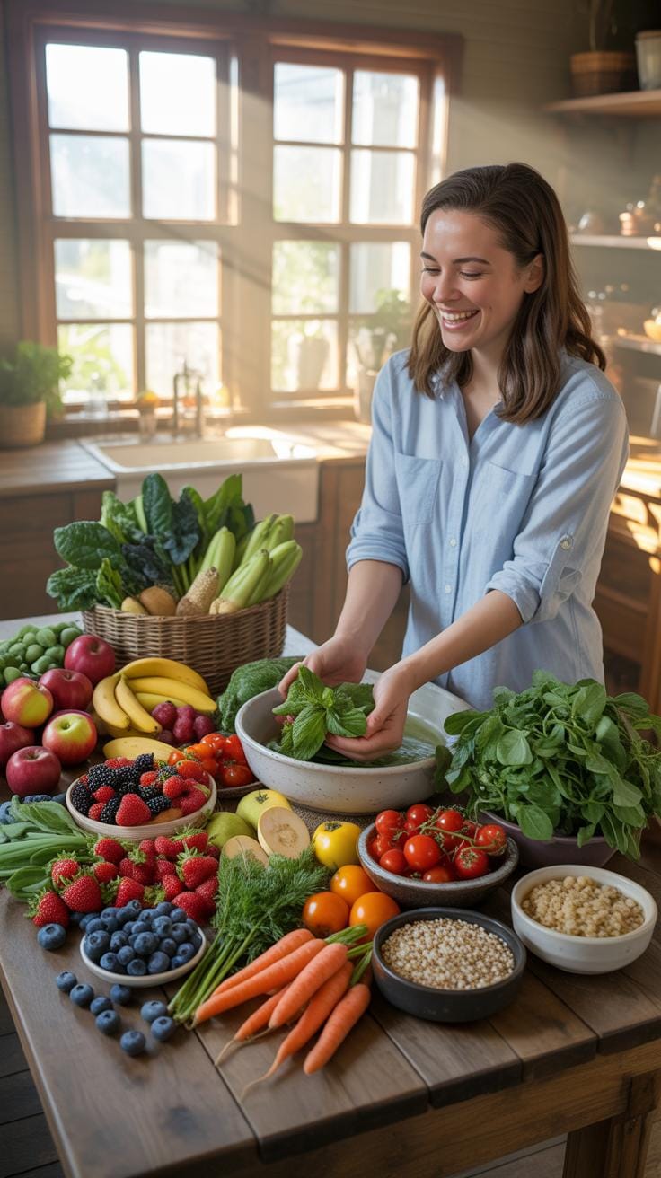A young woman with brown hair smiles while standing at a rustic wooden table laden with a vibrant assortment of fresh fruits, vegetables, and grains,