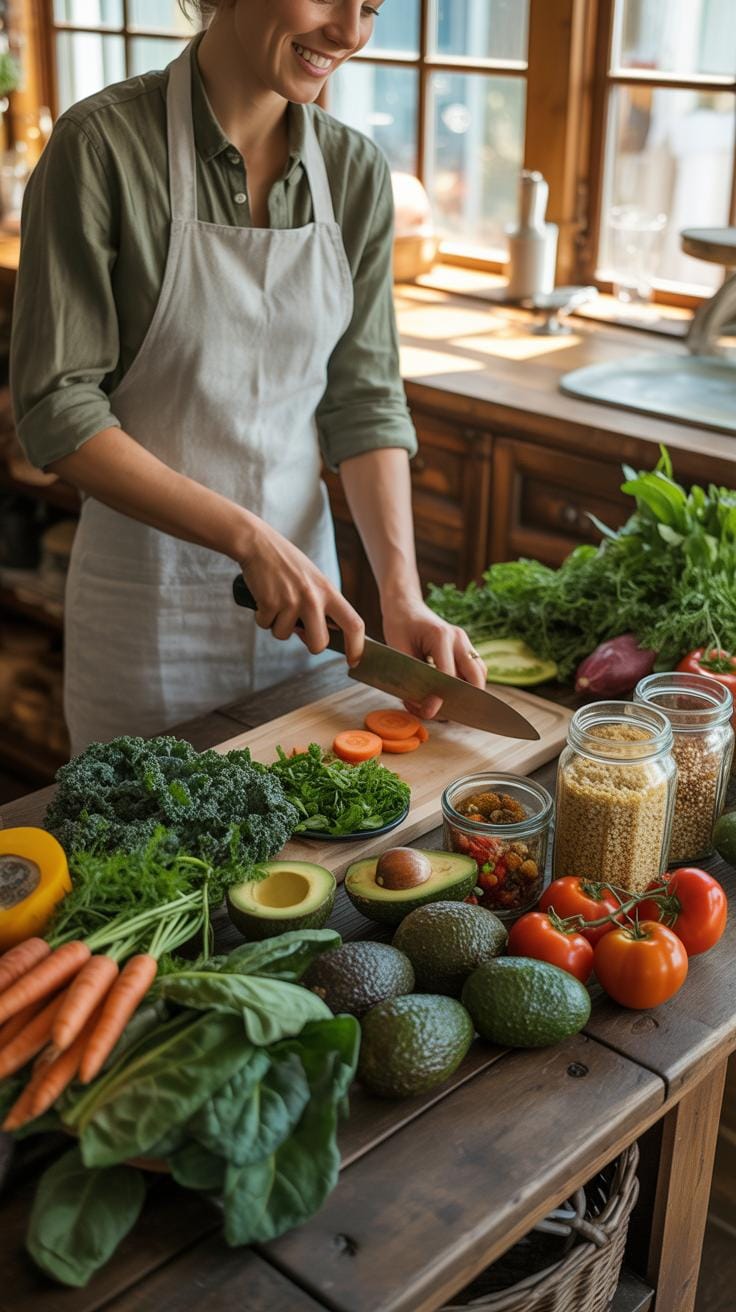 A smiling person in a light-colored apron stands at a wooden kitchen counter, chopping orange carrots on a cutting board, surrounded by an abundance o