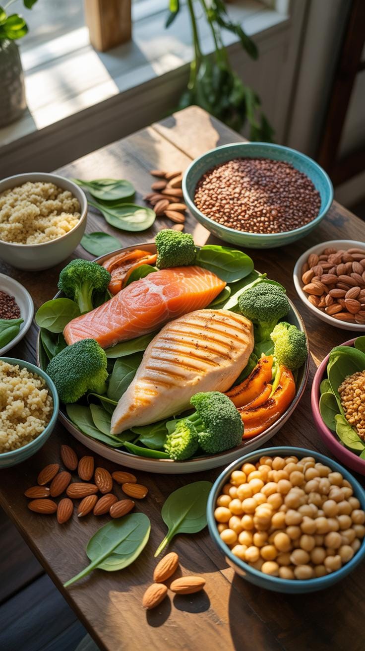 A rustic wooden table is laden with various bowls and plates of healthy, high-protein foods, including grilled chicken, salmon fillets, lentils, chick