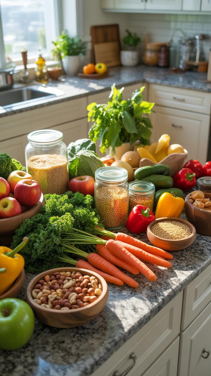 A brightly lit kitchen countertop is laden with a colorful and abundant assortment of fresh fruits, vegetables, nuts, and grains, including apples, ca