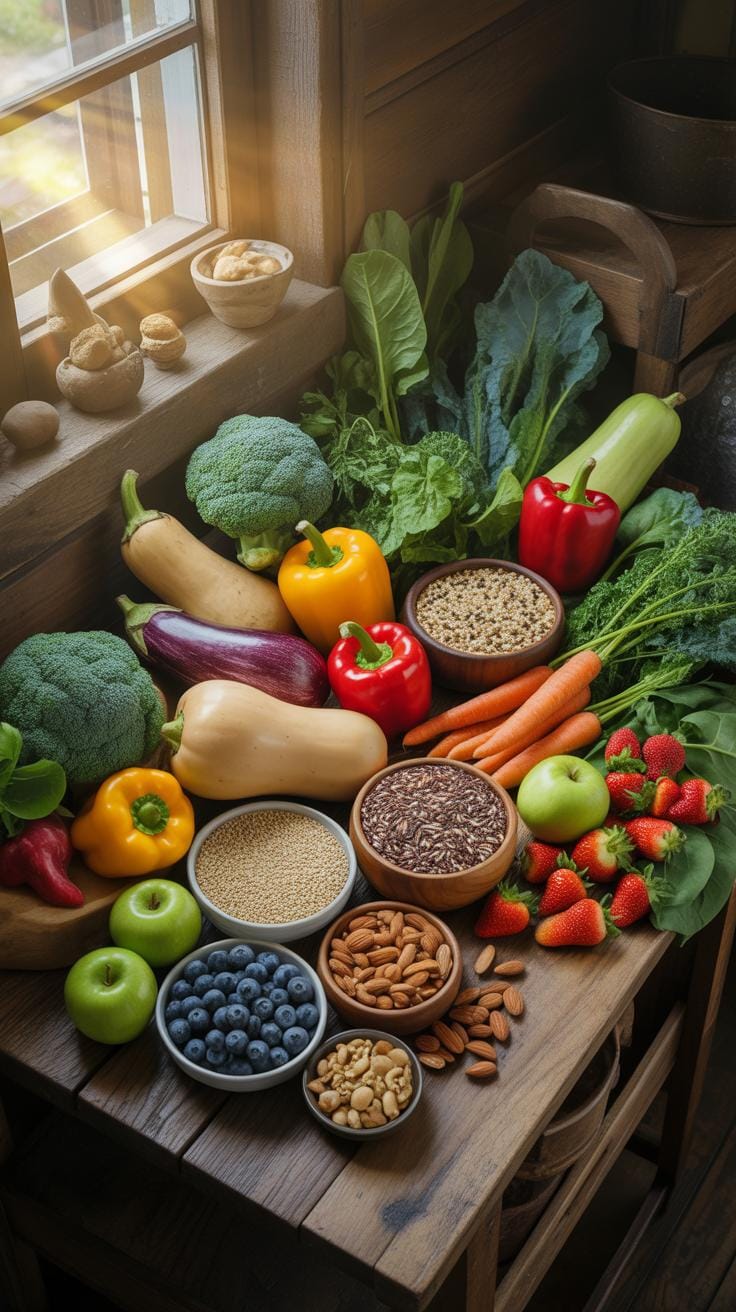 A rustic wooden table is abundantly covered with a variety of fresh produce, including green broccoli, yellow and red bell peppers, purple eggplants,