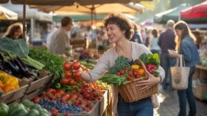 A smiling woman with curly brown hair holds a wicker basket full of colorful vegetables, reaching for more tomatoes at an outdoor farmer's market, wit
