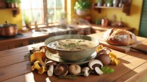 A rustic kitchen counter holds a steaming bowl of mushroom soup surrounded by various fresh mushrooms and a loaf of artisanal bread, with a sunlit win