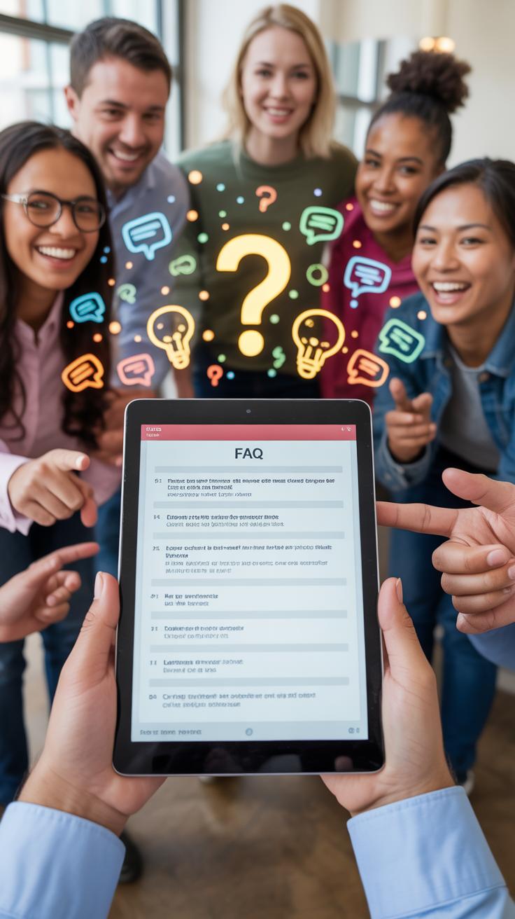 A close-up shot of a tablet displaying an FAQ page, held by a person whose hands are visible, while a diverse group of six smiling people stand in the