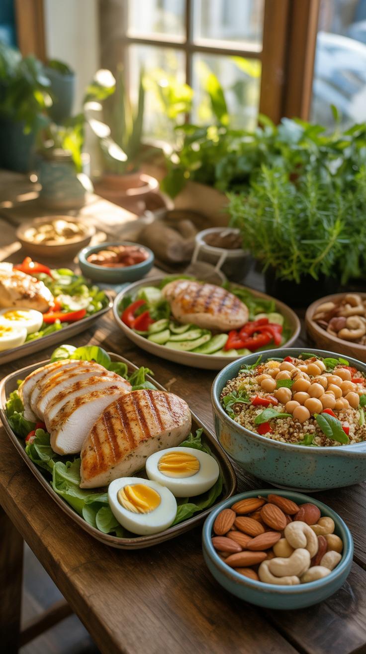 A rustic wooden table is laden with multiple plates and bowls of healthy, brightly colored food, including grilled chicken breasts, hard-boiled eggs,