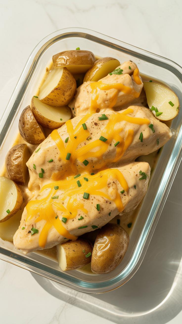 Three chicken breasts covered with melted shredded cheddar cheese and chopped chives are served alongside small, whole roasted potatoes in a clear rec