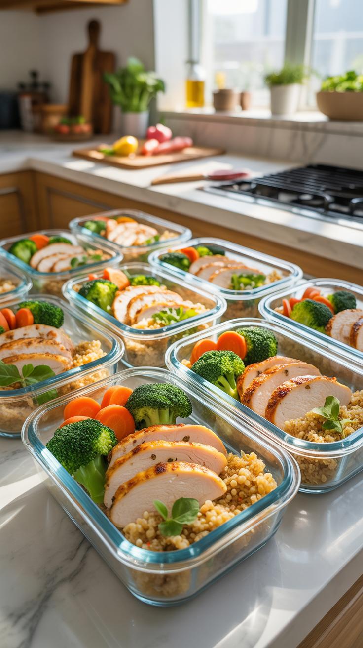 Several clear glass meal prep containers filled with sliced grilled chicken, quinoa, and steamed broccoli and carrots are neatly arranged on a white m
