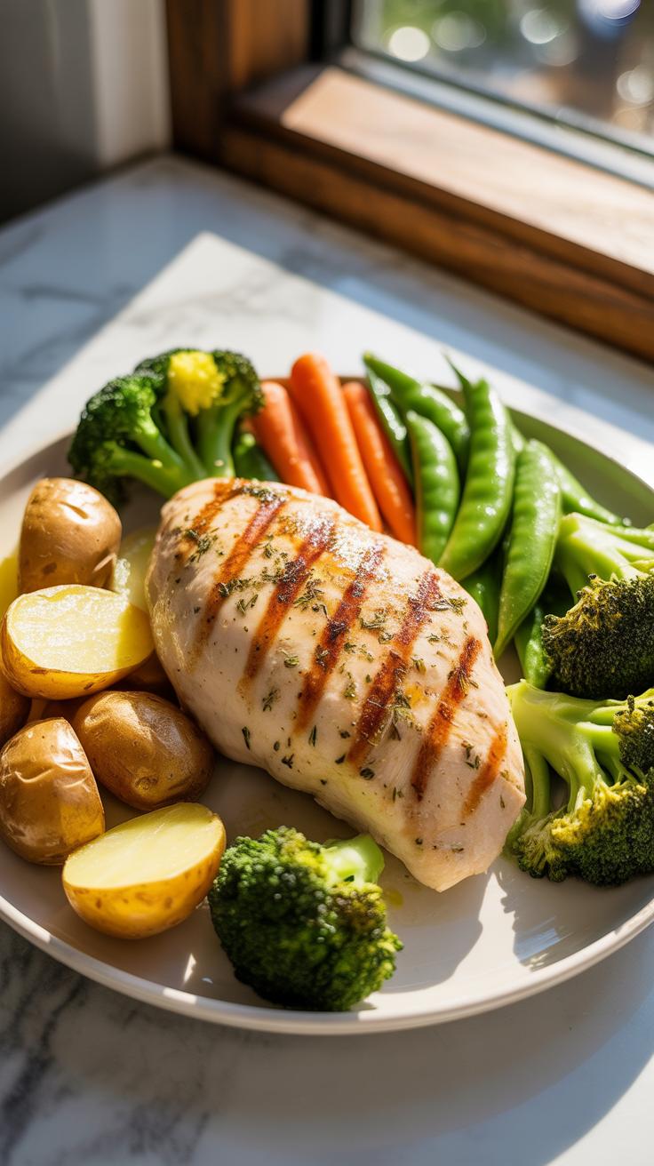 A close-up shot of a perfectly grilled chicken breast, seasoned with herbs and displaying distinct grill marks, served alongside roasted baby potatoes