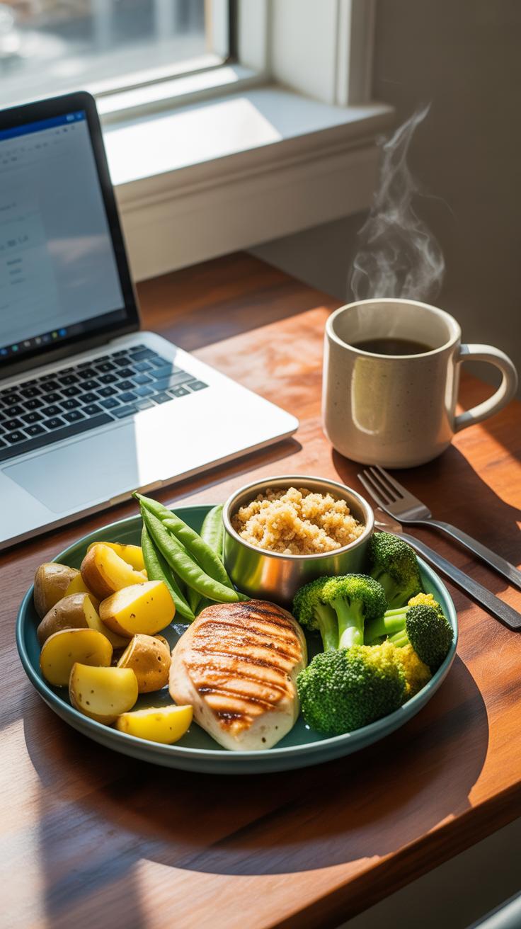 A healthy meal with grilled chicken, potatoes, broccoli, and green beans is served on a dark plate next to a laptop and a steaming mug of coffee on a