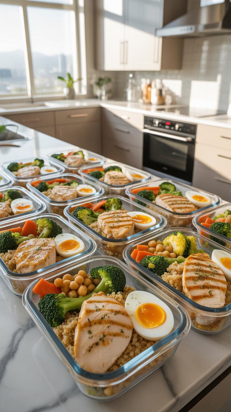 Several clear glass meal prep containers filled with grilled chicken, quinoa, broccoli, chickpeas, sliced carrots, and hard-boiled eggs are neatly arr
