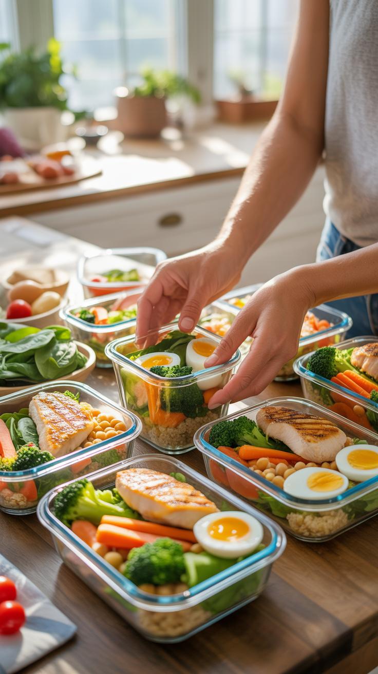 A person's hands are placing a clear glass food container filled with a meal onto a wooden table, surrounded by several other similar meal prep contai