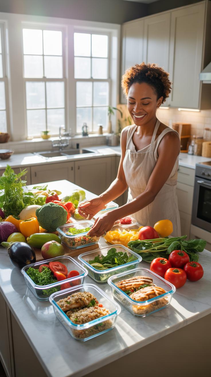A smiling Black woman with curly hair, wearing an apron, is standing in a brightly lit kitchen, actively meal prepping by placing food into glass cont