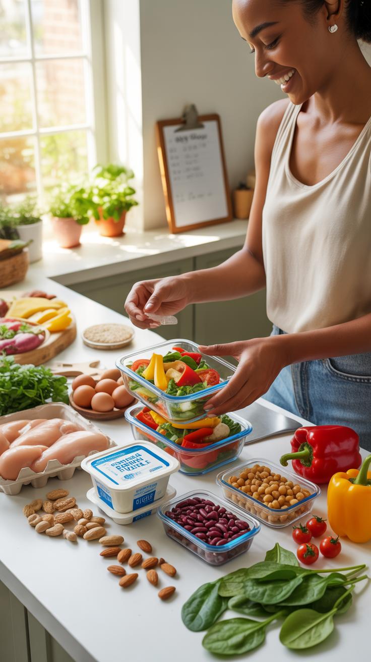 A smiling young Black woman in a kitchen, wearing a tank top and jeans, is preparing meal-prep containers filled with colorful vegetables while surrou