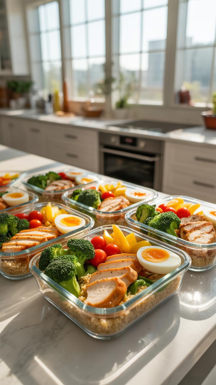 Several clear glass meal prep containers filled with cooked chicken breast, broccoli florets, cherry tomatoes, yellow bell pepper slices, hard-boiled