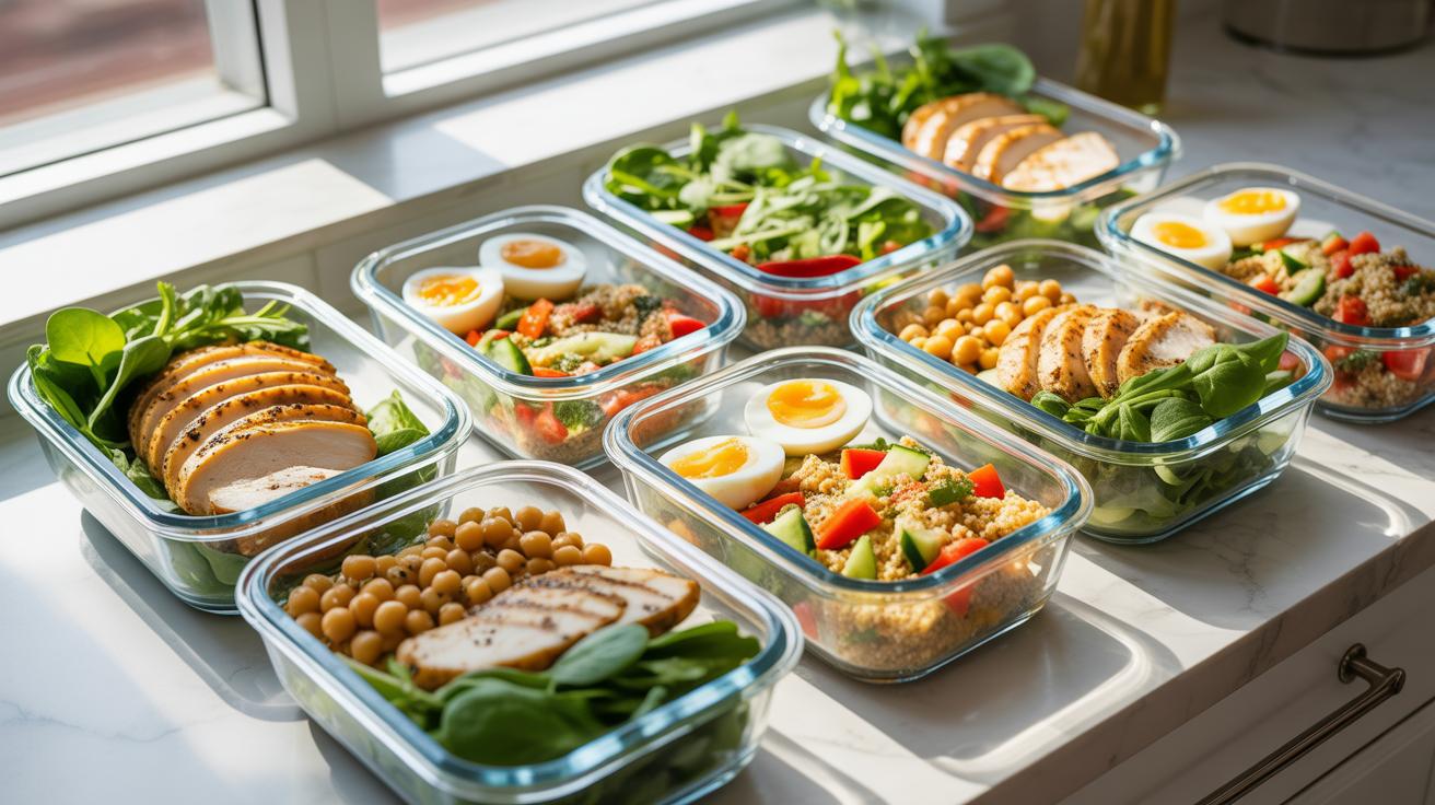 Several clear glass meal prep containers filled with various healthy lunches like grilled chicken, hard-boiled eggs, salads, chickpeas, and quinoa are