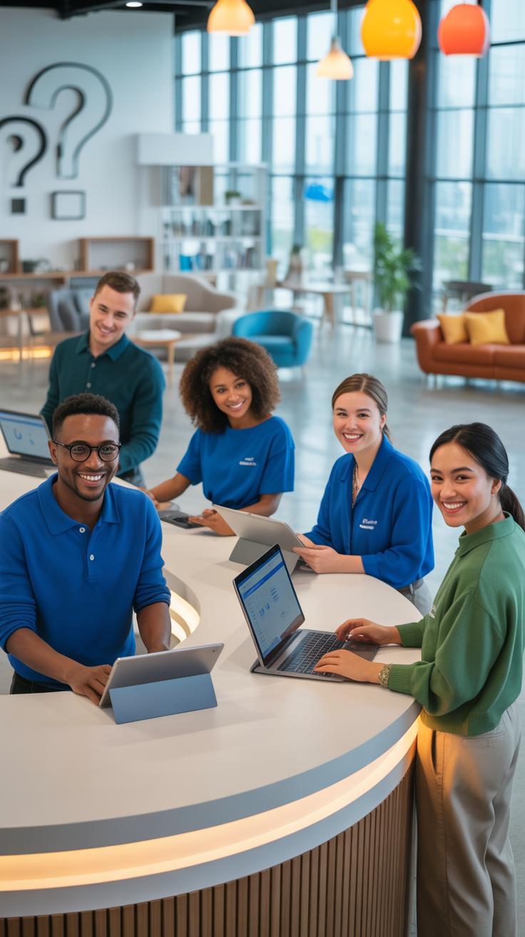 Five diverse professionals, four wearing blue shirts, are smiling while working on laptops and tablets at a curved reception desk in a modern, brightl
