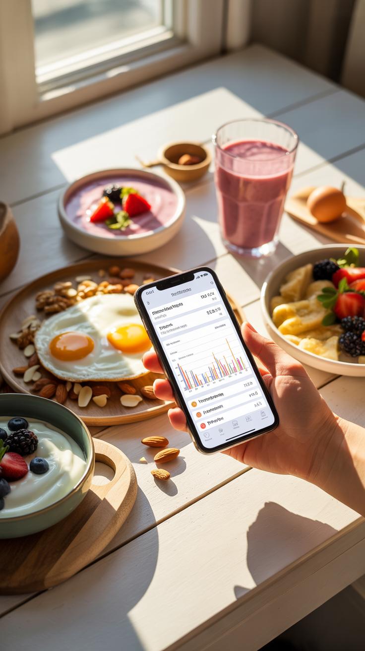 A person's hand holds a smartphone displaying a health app with charts and data, surrounded by a sunny breakfast spread on a white wooden table includ