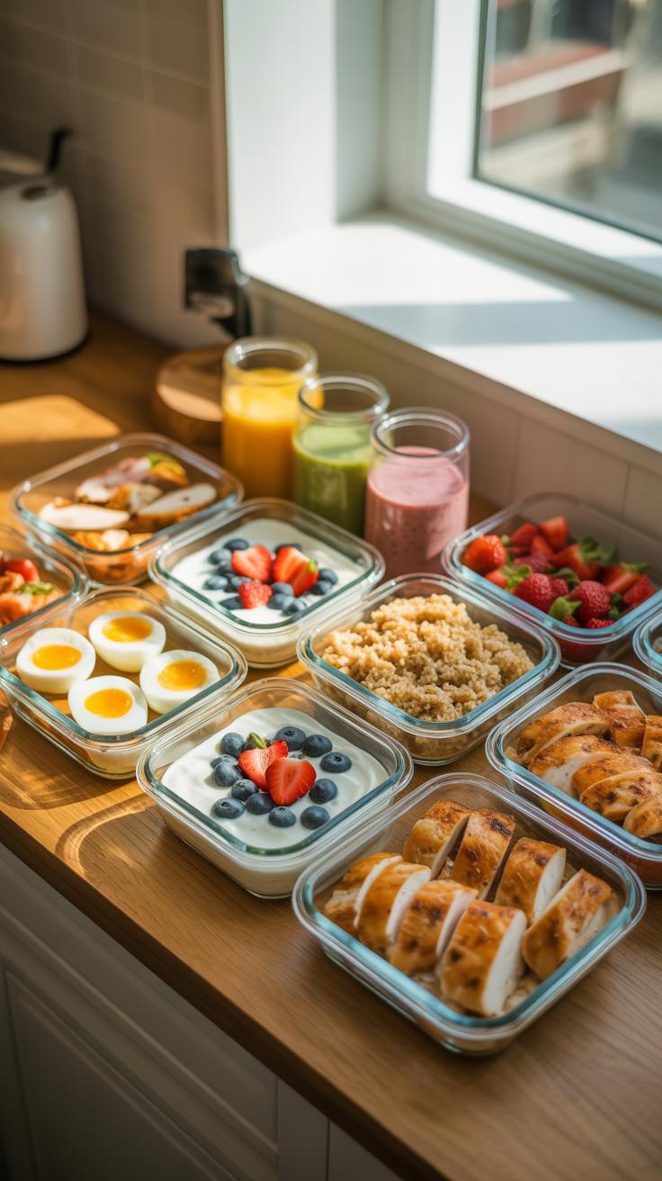 A variety of colorful, healthy meal prep dishes are neatly arranged in clear glass containers on a wooden kitchen countertop, illuminated by natural l