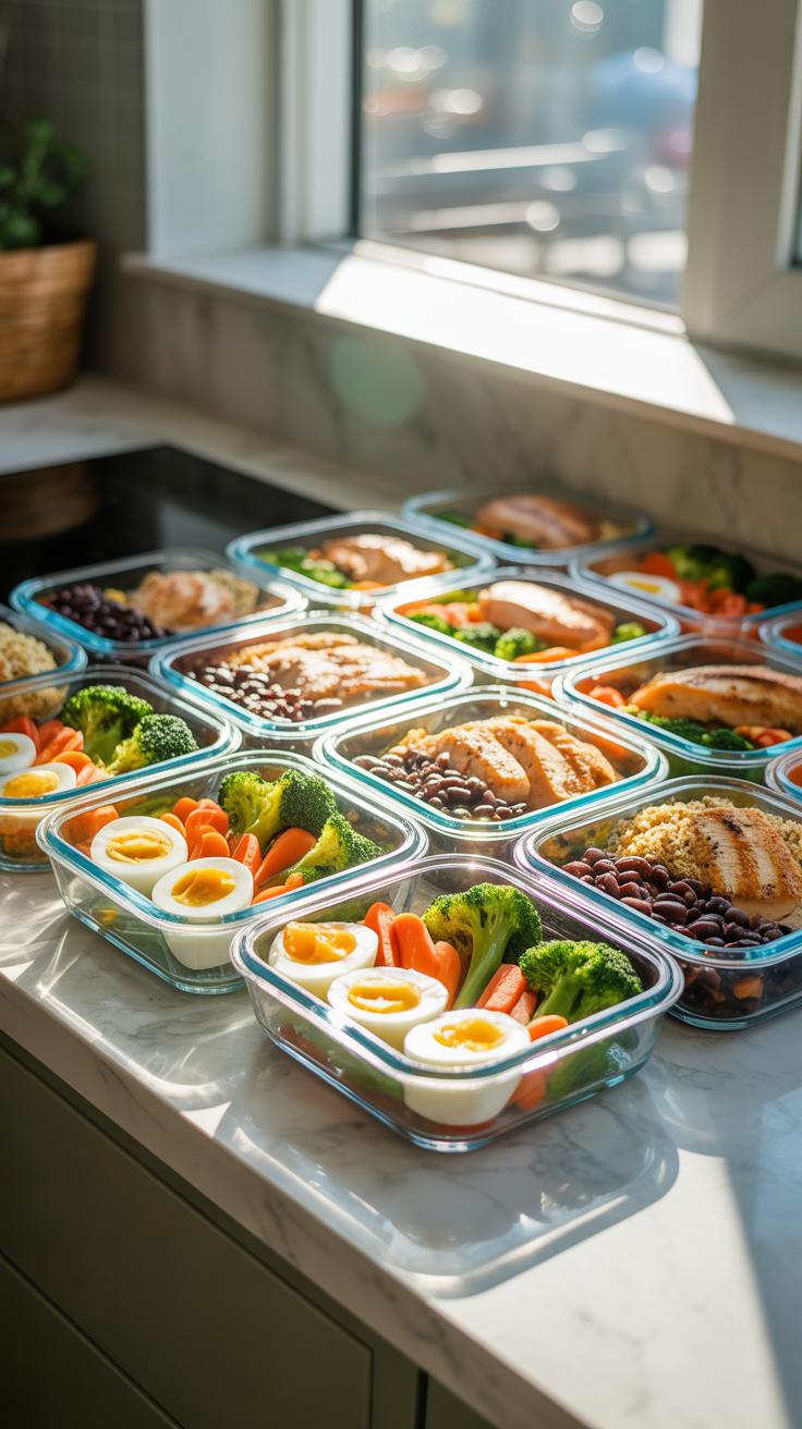 Several clear glass meal prep containers with various healthy meals are arranged on a sunlit kitchen counter next to a stovetop, featuring salmon or c