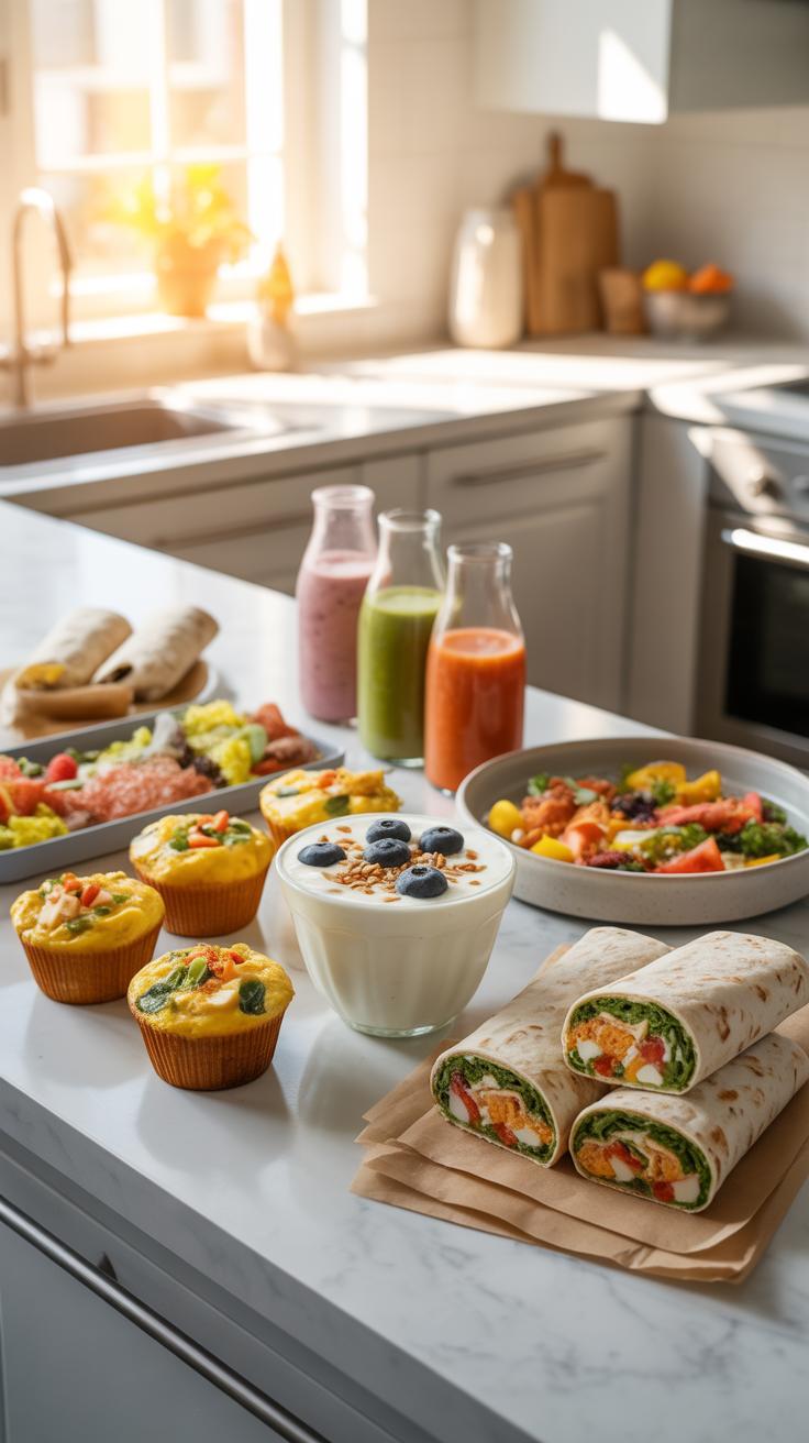 A bright kitchen counter displays an assortment of healthy breakfast and snack items, including smoothies in glass bottles, yogurt with berries, vario
