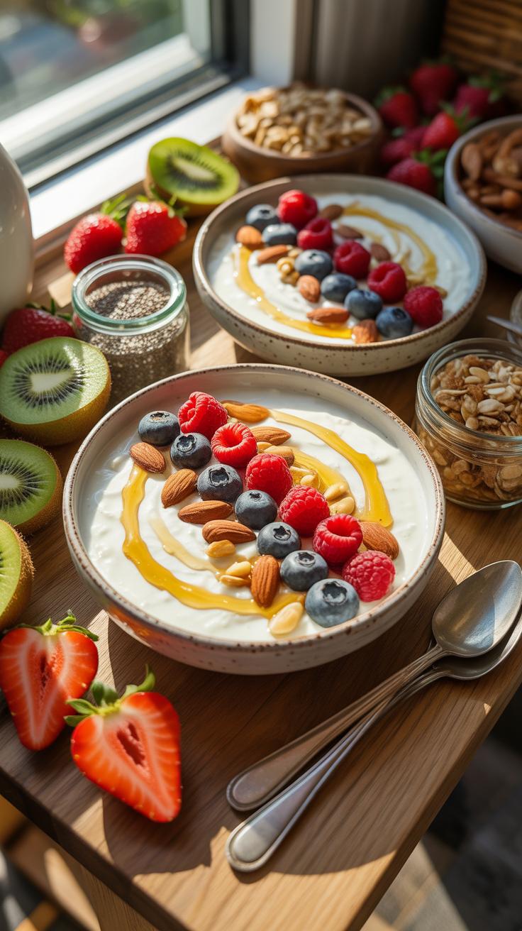 Two bowls of white yogurt swirled with honey are topped with blueberries, raspberries, and almonds, arranged on a wooden tray with whole and sliced ki