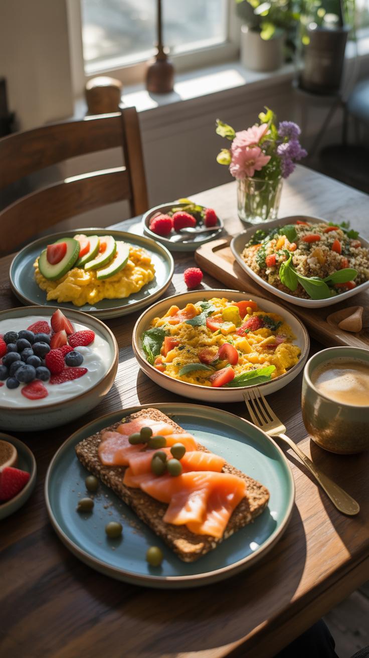 A sunlit wooden dining table is laden with a variety of colorful breakfast and brunch dishes, including smoked salmon toast, scrambled eggs, a yogurt