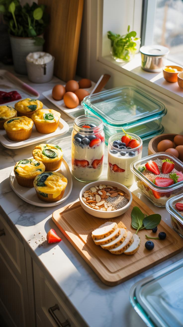 A brightly lit kitchen counter displays a variety of healthy meal prep items, including egg muffins, overnight oats with berries, sliced chicken, and