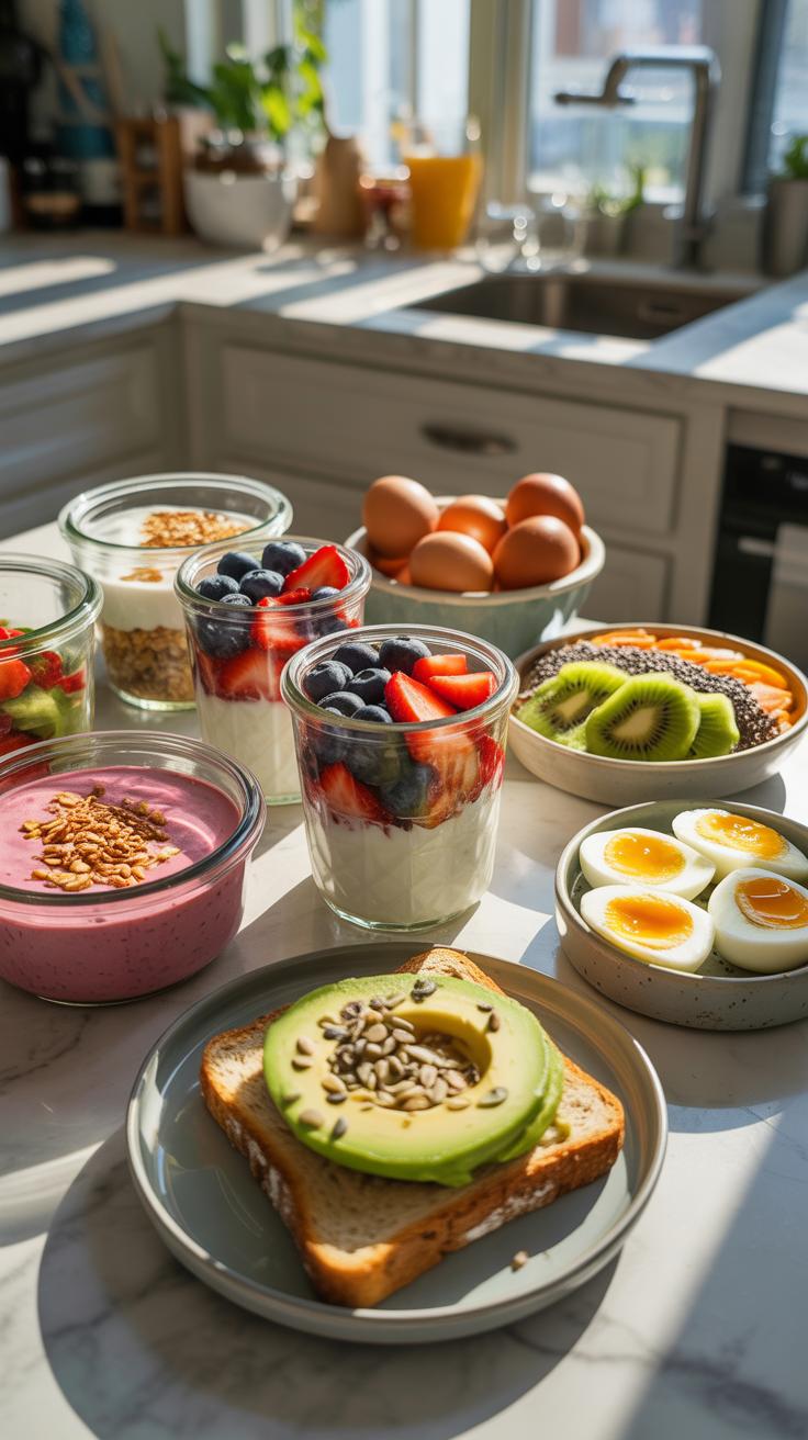 A brightly lit kitchen counter displays a variety of healthy breakfast foods, including yogurt parfaits with berries, avocado toast, hard-boiled eggs,