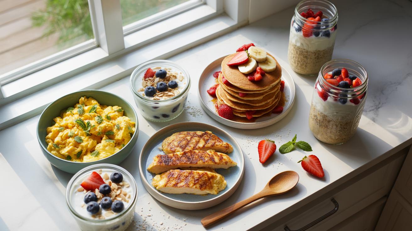 A variety of breakfast foods are arranged on a white windowsill and countertop next to a window, including a bowl of scrambled eggs, three jars of ove