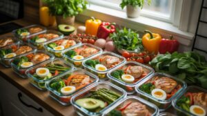 Many glass meal prep containers filled with grilled chicken or fish, green vegetables like broccoli and asparagus, sliced avocado, and a hard-boiled e