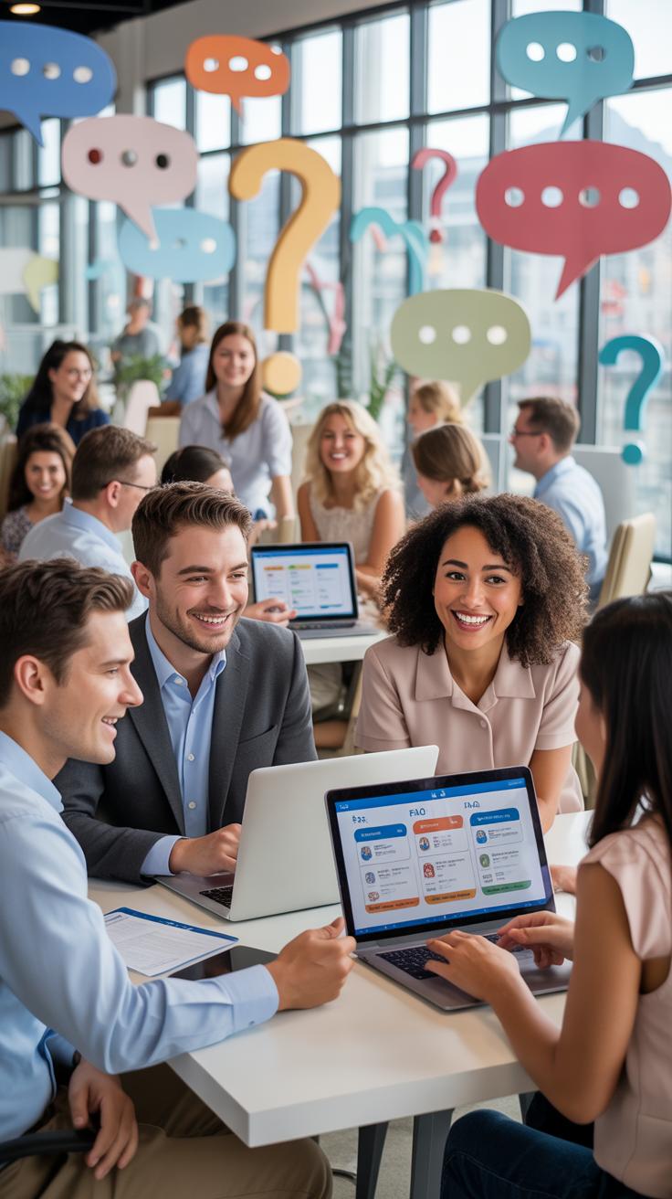 A diverse group of smiling professionals, some with laptops open, are gathered in a modern, bright office space with colorful speech bubbles and quest