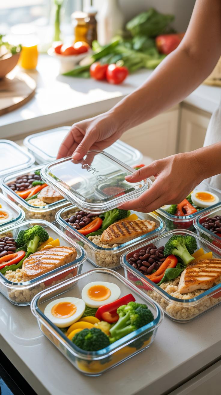 A person's hands are placing a clear lid on a glass meal prep container filled with grilled chicken, brown rice, broccoli, and black beans, with many