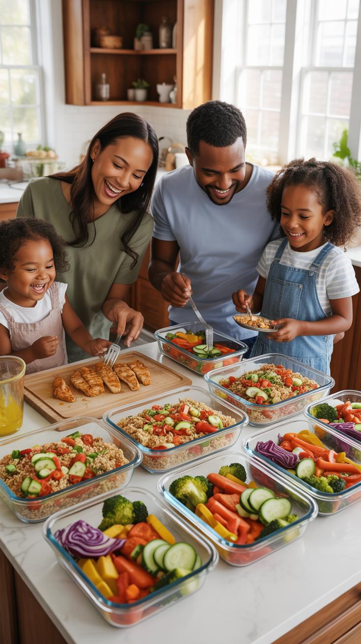 A Black family of four, including two parents and two young daughters, stands around a kitchen island filled with meal-prepped containers of healthy f
