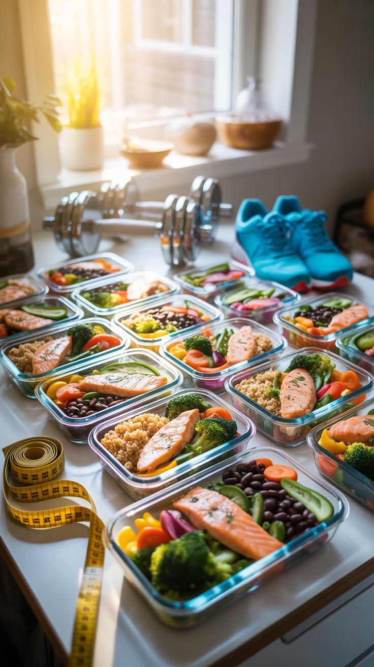 Numerous glass meal prep containers filled with salmon, broccoli, quinoa, and black beans are neatly arranged on a white surface, with two dumbbells,