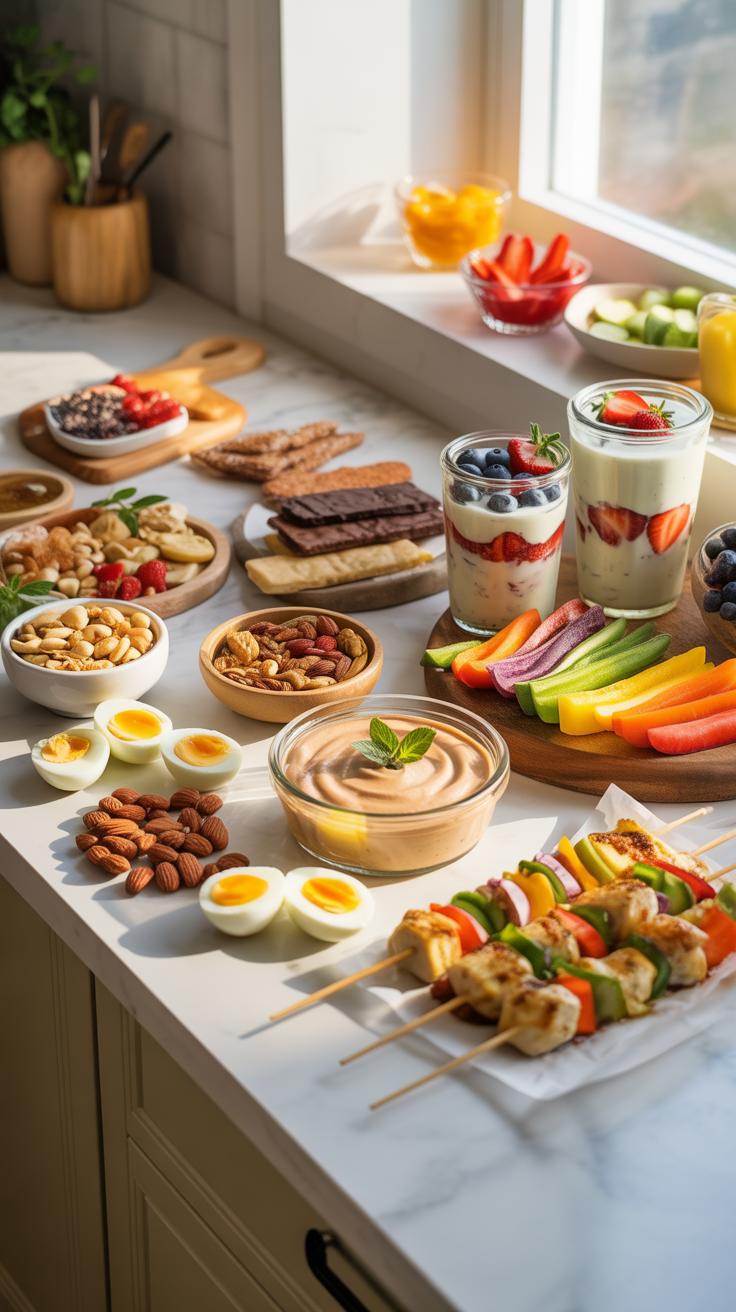 A well-lit, top-down shot of a kitchen countertop laden with various healthy snacks, including fruit and yogurt parfaits, vegetable skewers, hummus wi