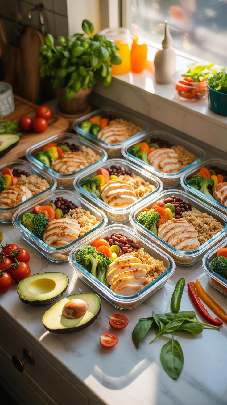 Many glass meal prep containers filled with sliced chicken, brown rice, broccoli, and carrots are arranged neatly on a sunlit kitchen counter alongsid