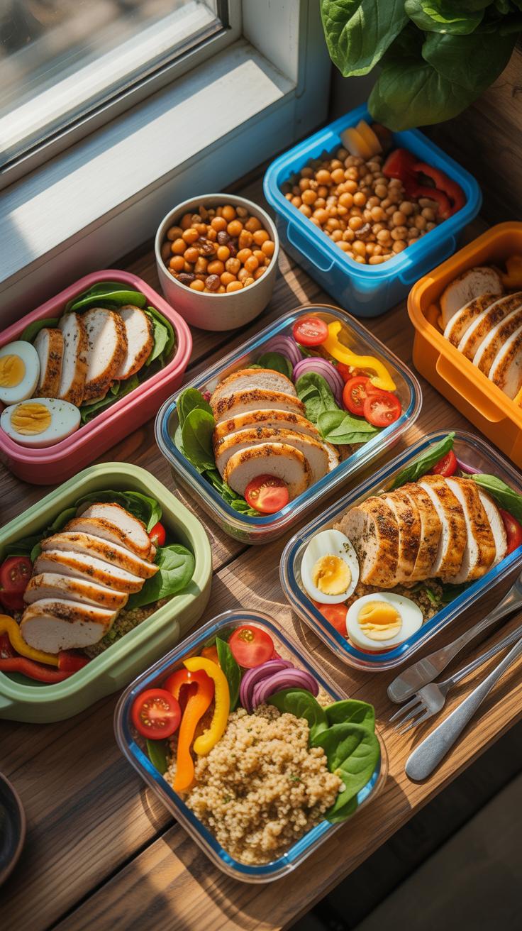 Overhead view of multiple meal prep containers filled with healthy food, including sliced chicken, quinoa, boiled eggs, spinach, chickpeas, and colorf