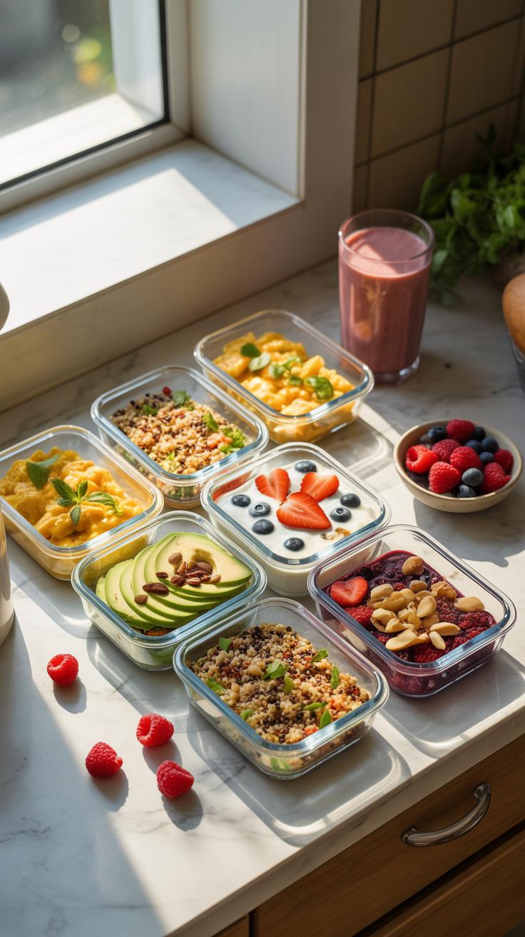 An overhead shot shows nine clear glass containers filled with various meal preps, including scrambled eggs, oatmeal with nuts, fruit and yogurt, and