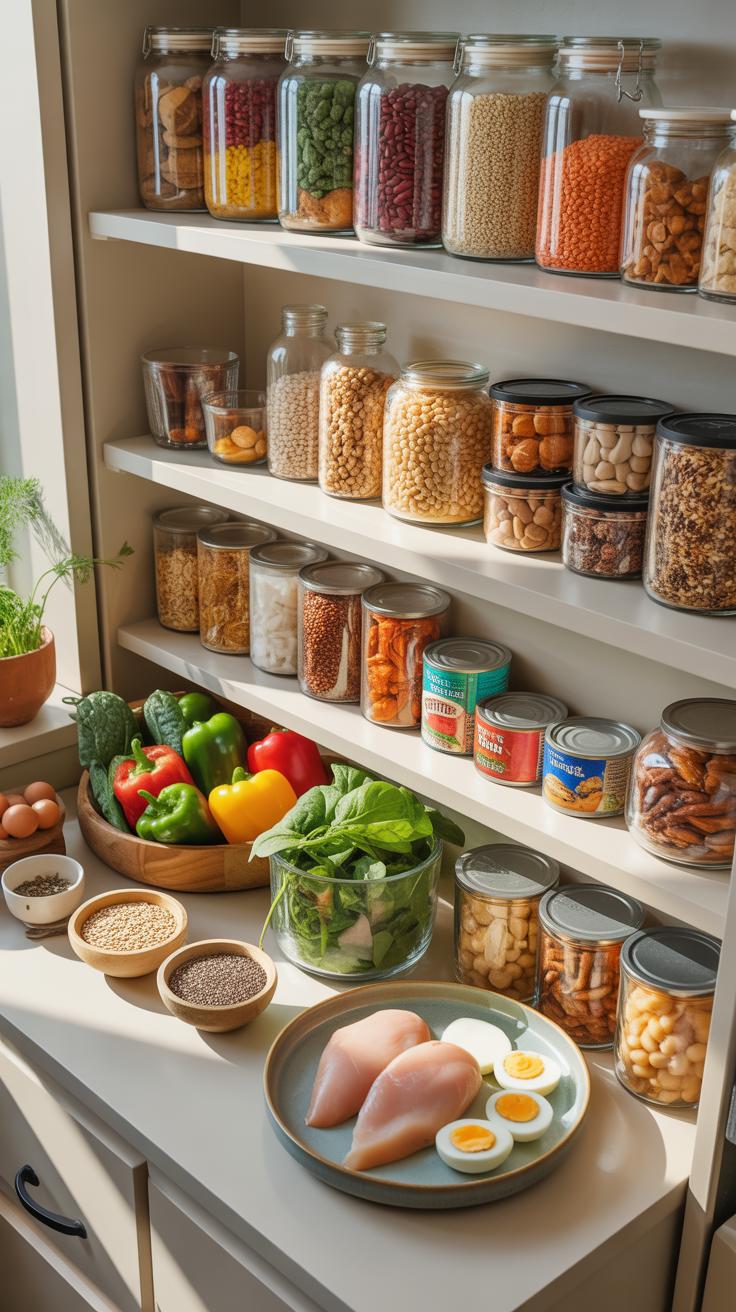 A brightly lit pantry features white shelves filled with various glass jars containing dried goods like grains, beans, and lentils, alongside canned g