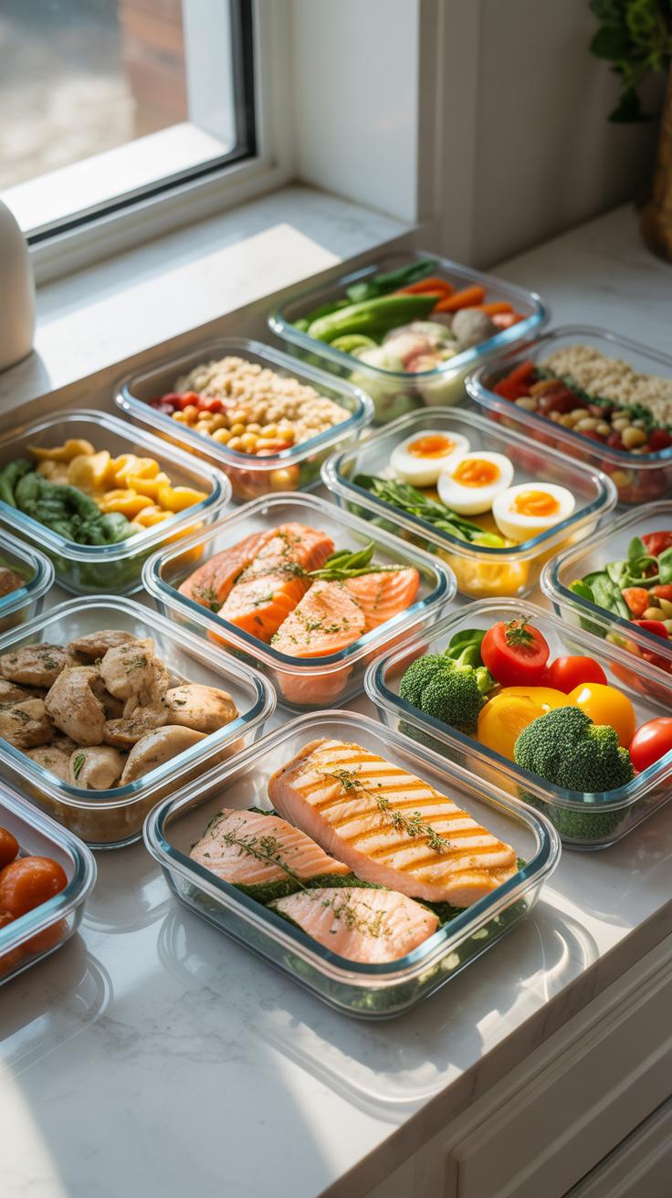 Several clear glass meal prep containers filled with various healthy foods, including grilled salmon, hard-boiled eggs, cooked vegetables, and grains,