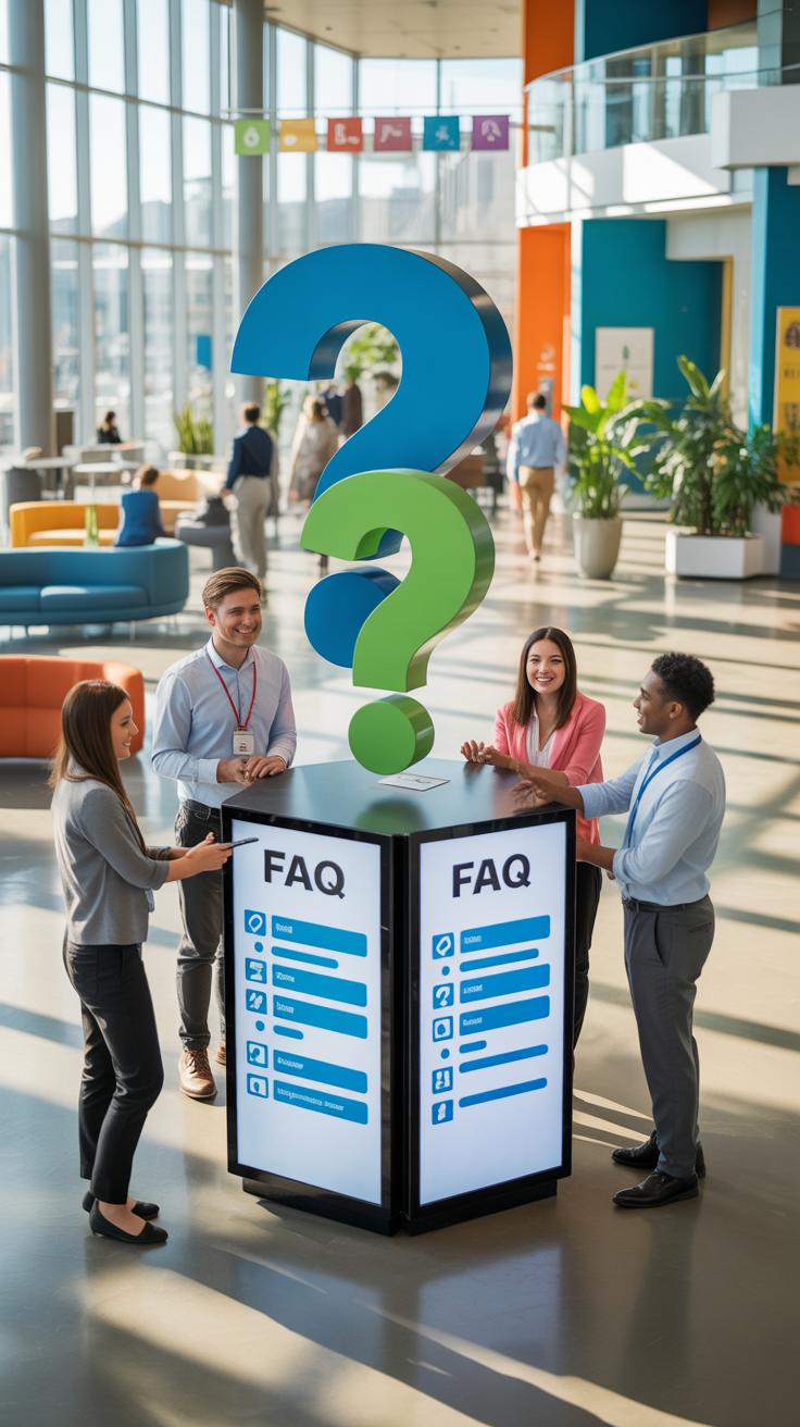 Four diverse people, two men and two women, stand around an hexagonal information kiosk topped with a large, green and blue question mark, in a bright