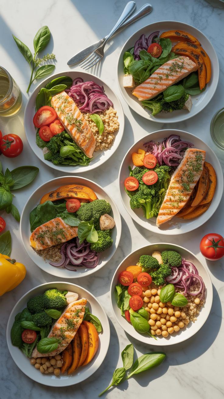Six individual bowls of healthy food are arranged on a white marble surface, each containing grilled salmon fillets, various fresh vegetables, and gra