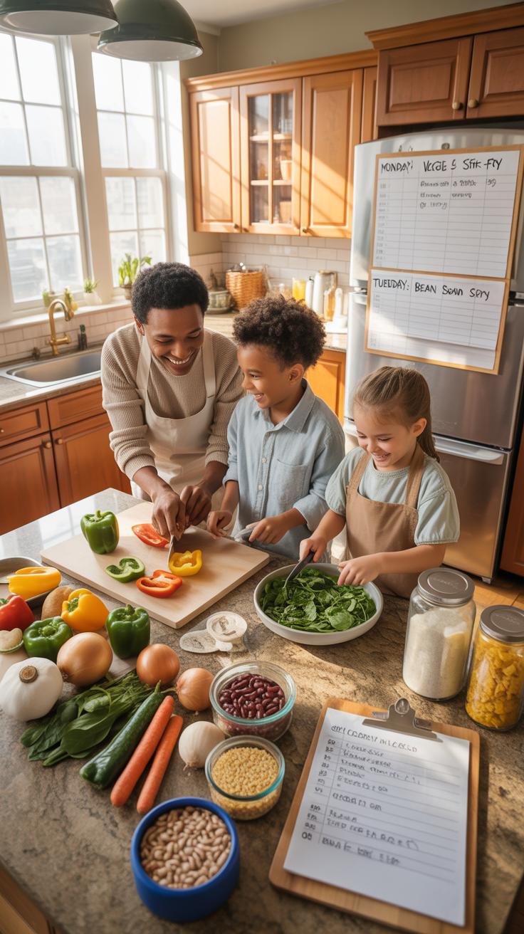A man and two children, a boy and a girl, smile and engage in cooking together in a sunlit kitchen, surrounded by fresh vegetables and cooking ingredi