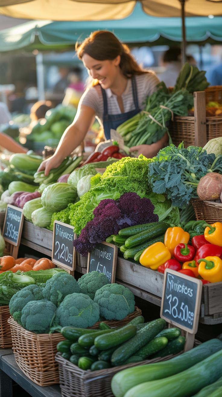 A smiling young woman in an apron stands behind a bountiful farmers market stall, arranging a vibrant display of fresh green, red, and yellow vegetabl