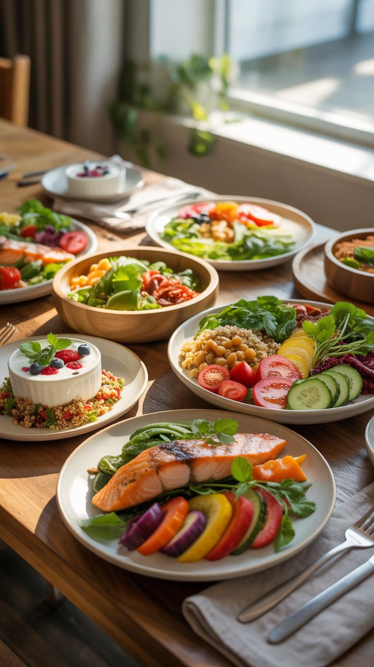A long wooden dining table is filled with numerous plates and bowls of colorful, healthy food, including grilled salmon, fresh salads, fruit, and yogu