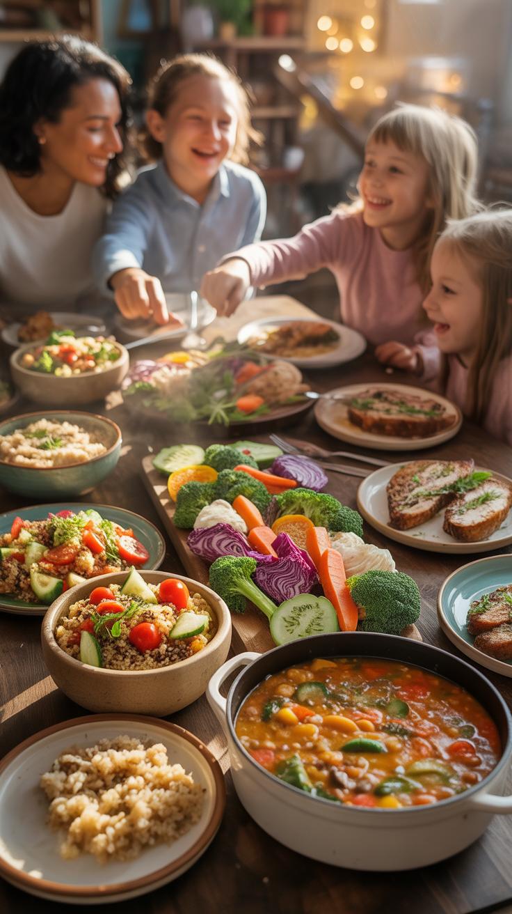 A family, including a mother and three young children, gathers around a table laden with an array of colorful vegetarian dishes, all smiling and laugh