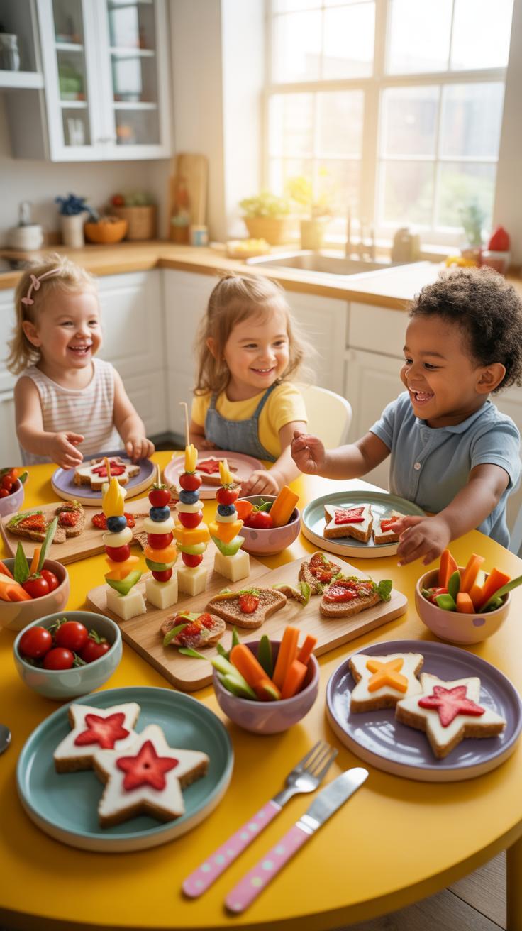 Three toddlers, two light-skinned girls and one dark-skinned boy, are seated around a yellow table in a brightly lit kitchen, smiling and engaged with